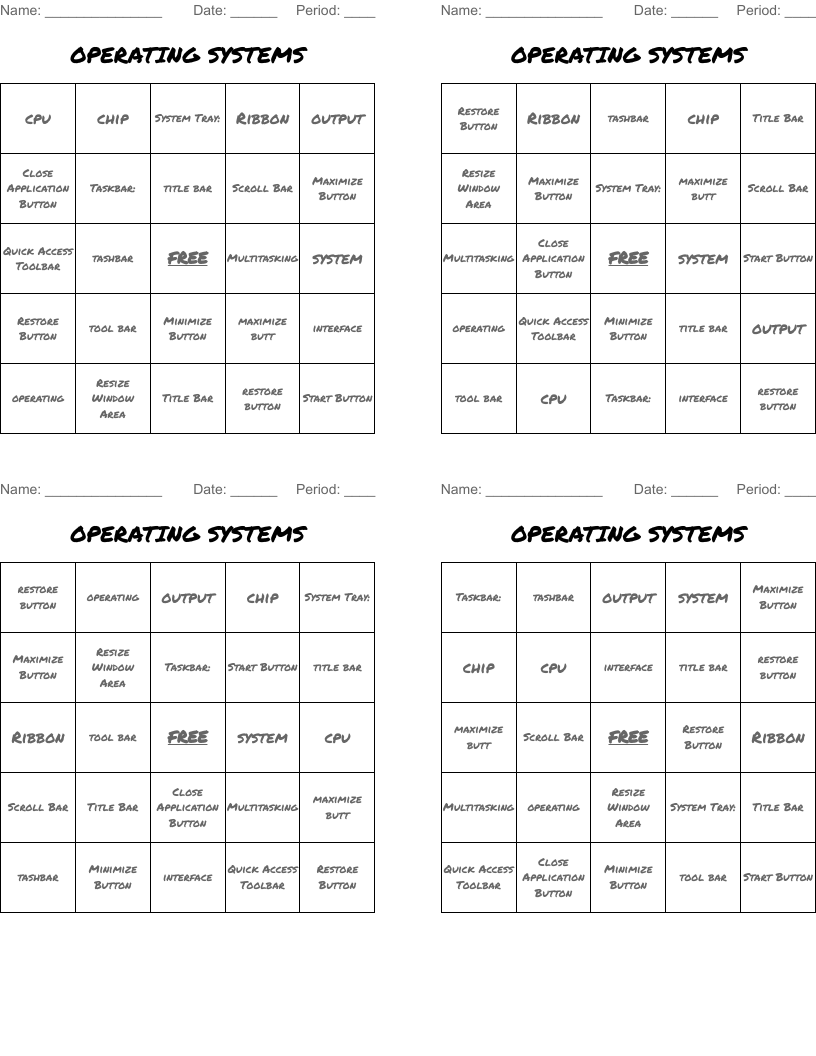 OPERATING SYSTEMS Bingo Cards