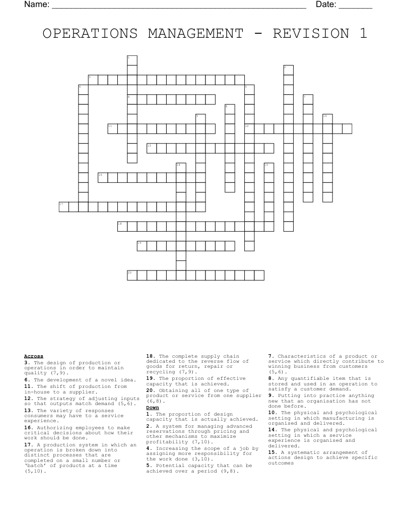 OPERATIONS MANAGEMENT - REVISION 1 Crossword
