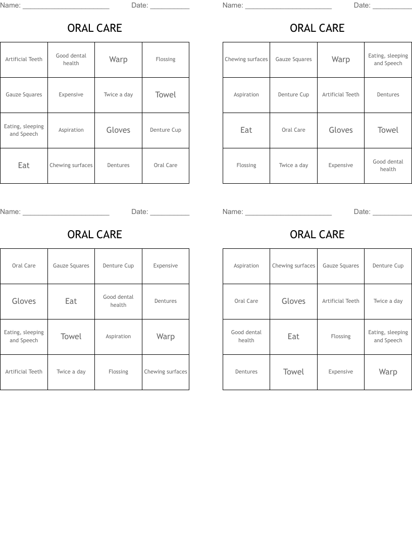 ORAL CARE Bingo Cards