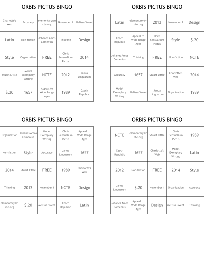ORBIS PICTUS BINGO