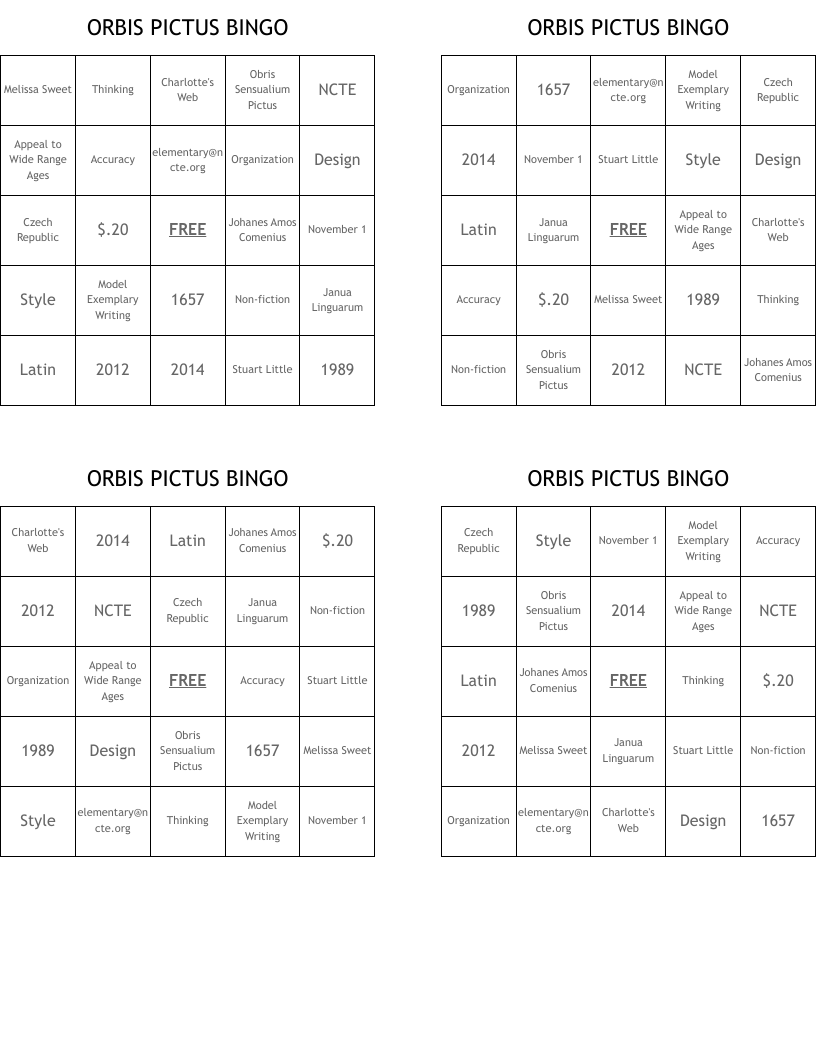 ORBIS PICTUS BINGO
