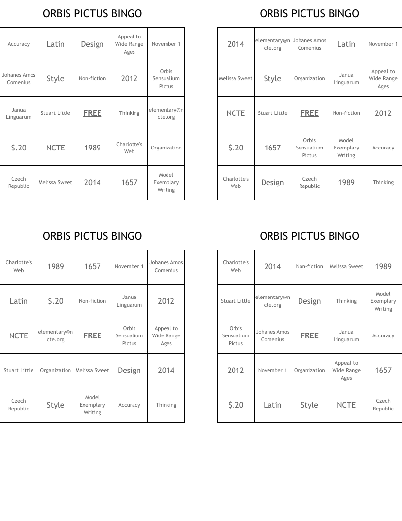 ORBIS PICTUS BINGO 