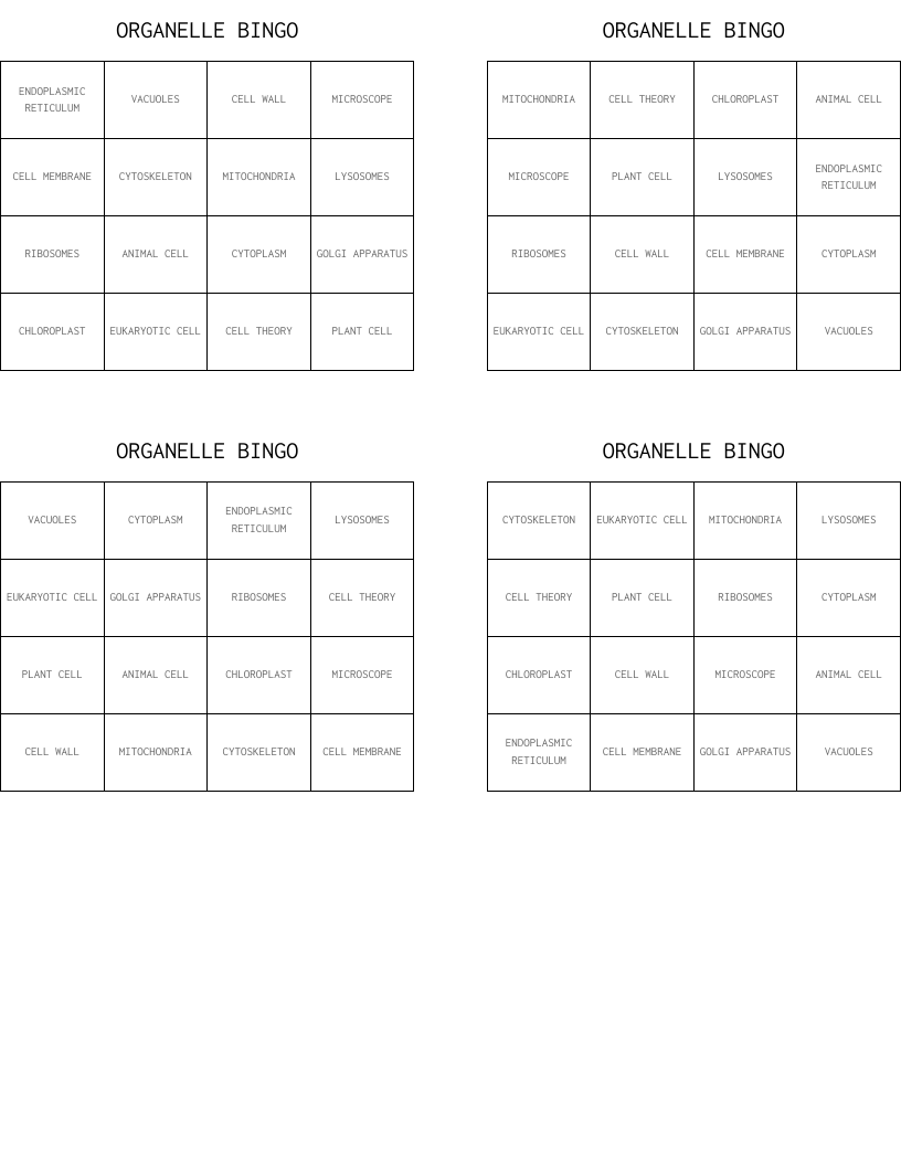 ORGANELLE BINGO