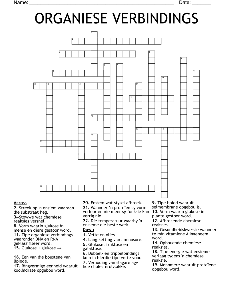 ORGANIESE VERBINDINGS Crossword