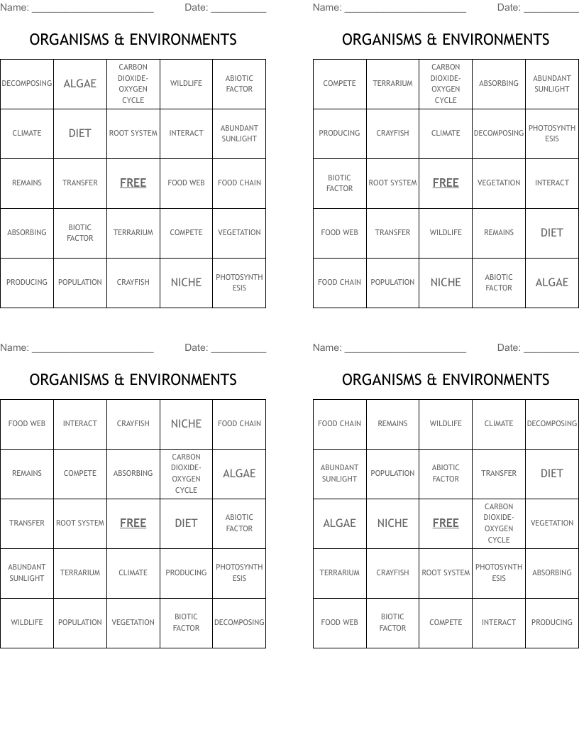 ORGANISMS & ENVIRONMENTS Bingo Cards