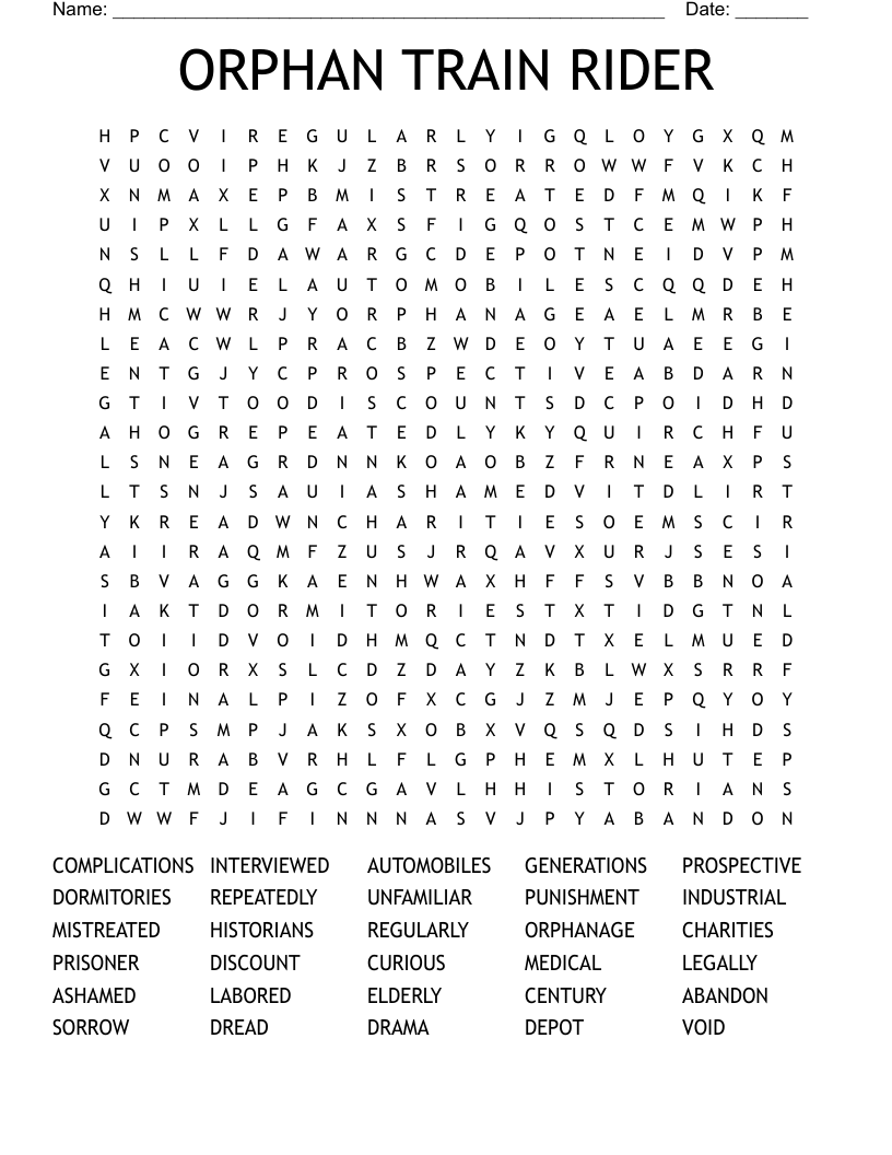ORPHAN TRAIN RIDER Word Search