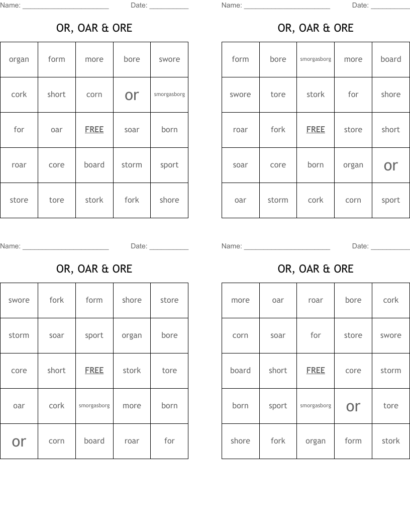 OR, OAR & ORE Bingo Cards