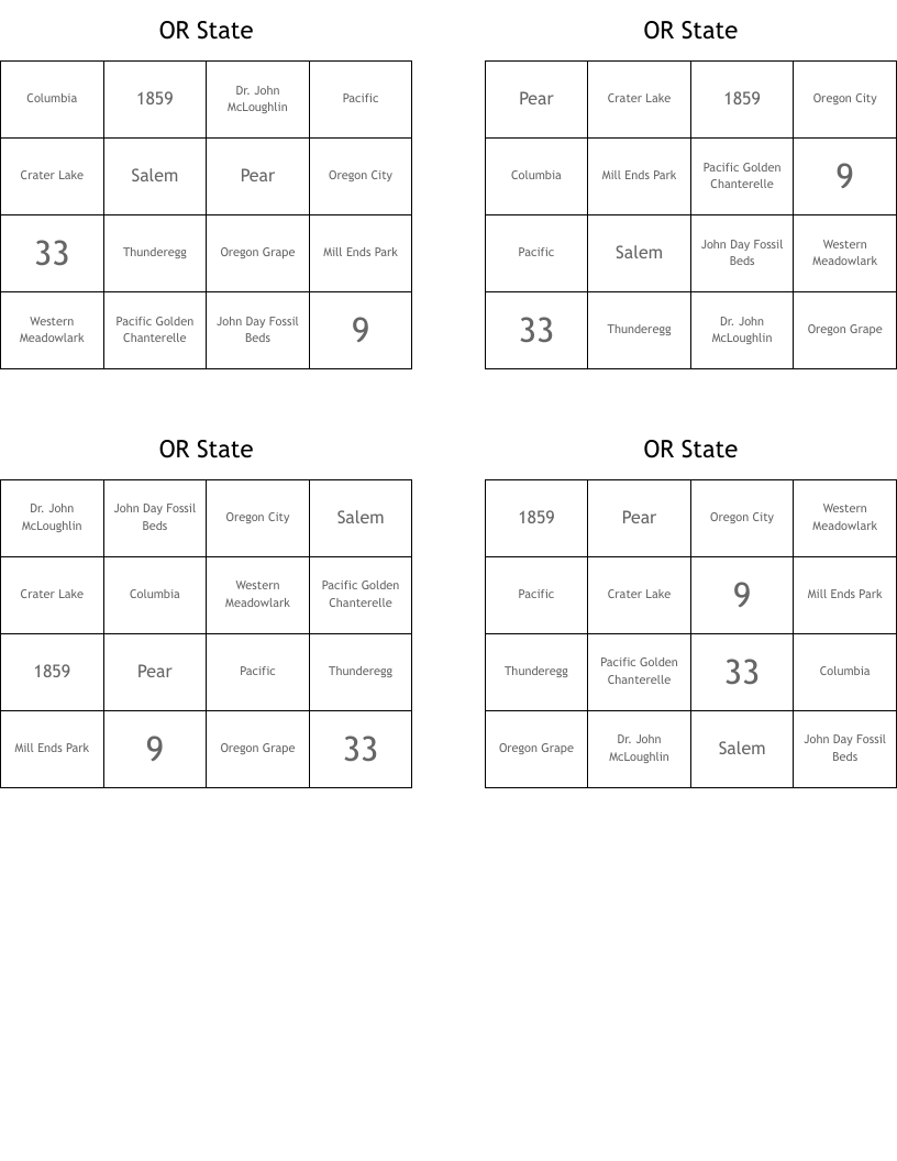 OR State Bingo Cards