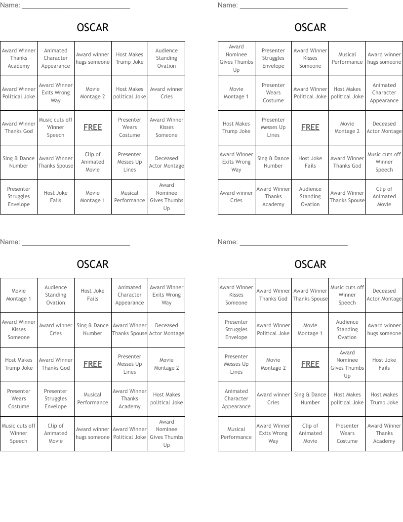 OSCAR Bingo Cards