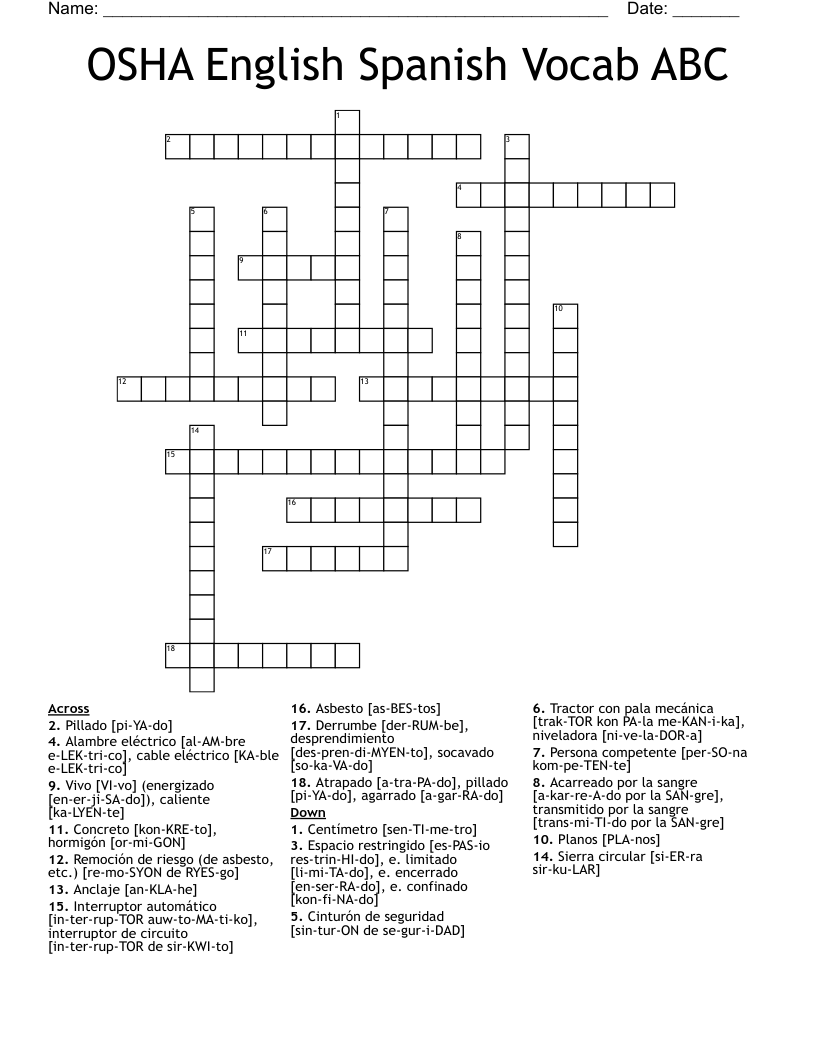 OSHA English Spanish Vocab ABC Crossword