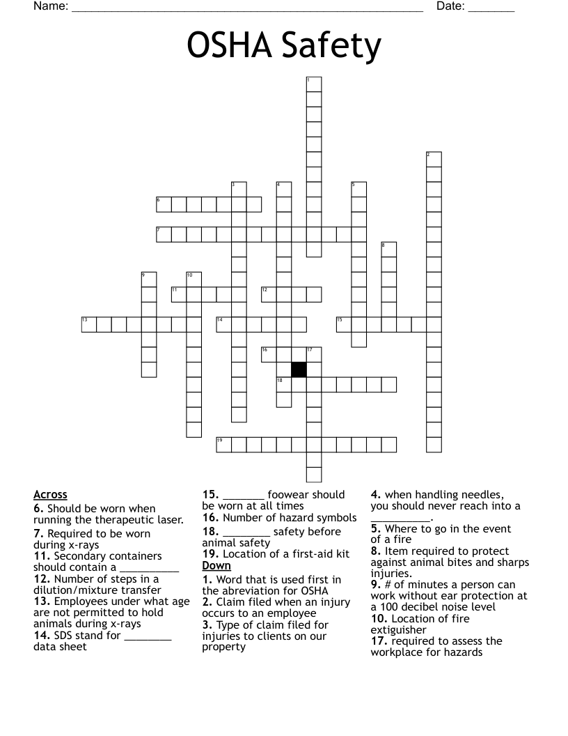 OSHA Safety Crossword