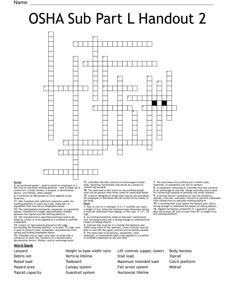 OSHA Sub Part L Handout 2 Crossword