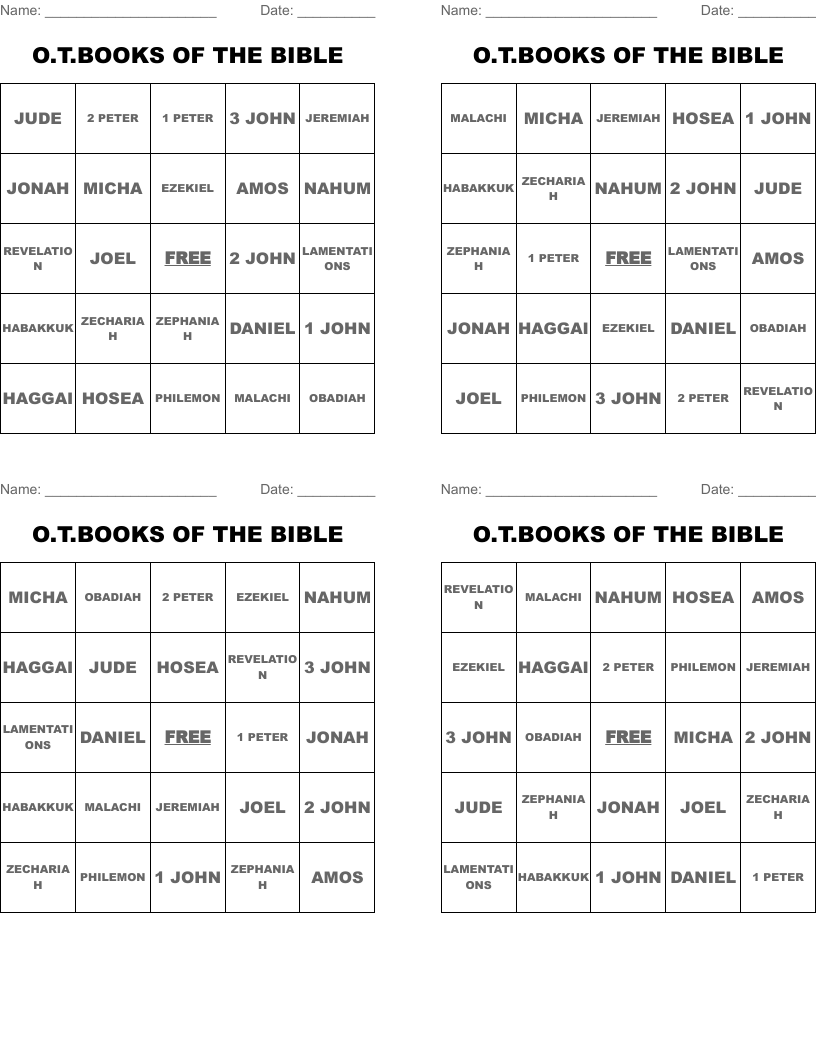 O.T.BOOKS OF THE BIBLE Bingo Cards