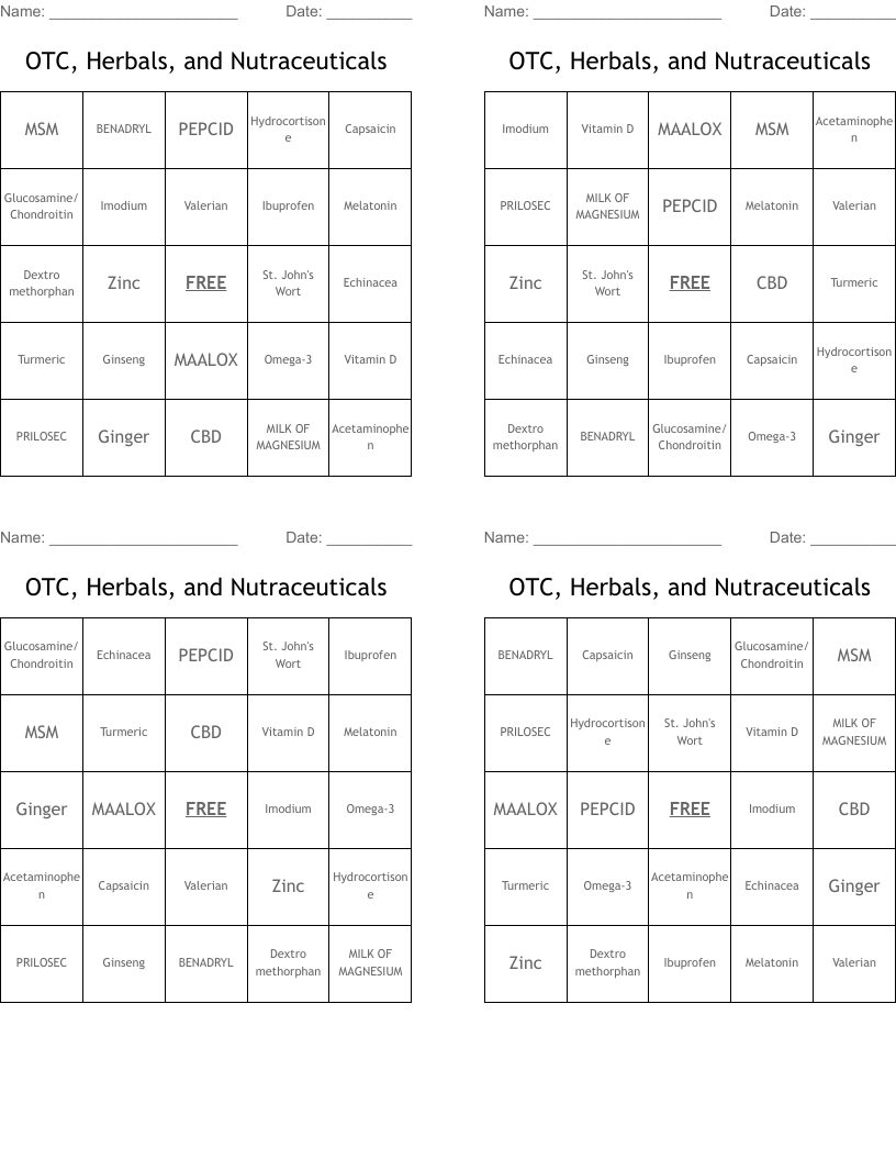 OTC, Herbals, and Nutraceuticals Bingo Cards
