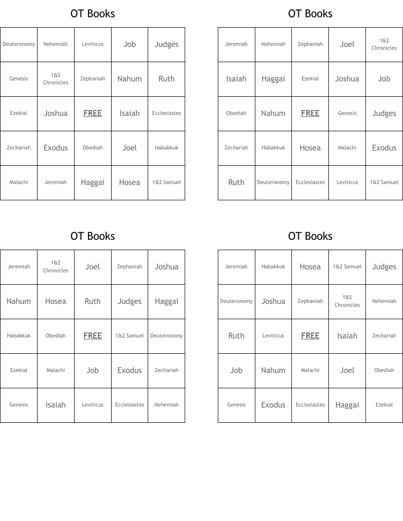 OT Books Bingo Cards