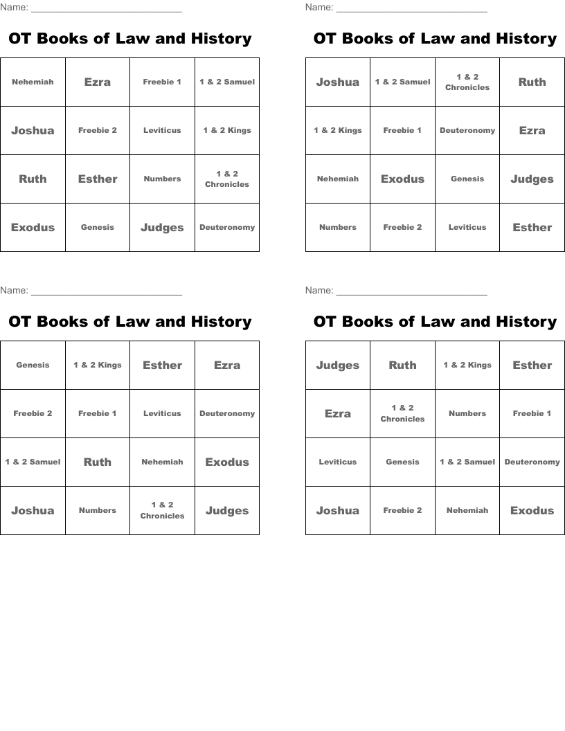 OT Books of Law and History  Bingo Cards