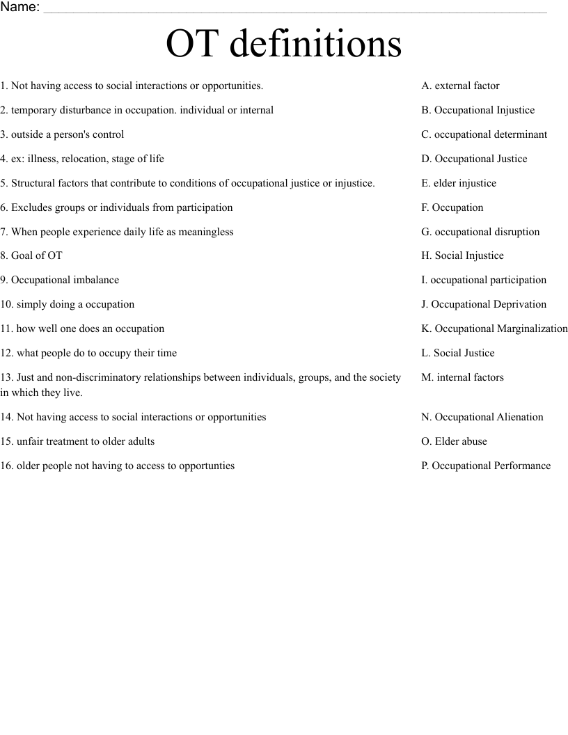 OT definitions Worksheet