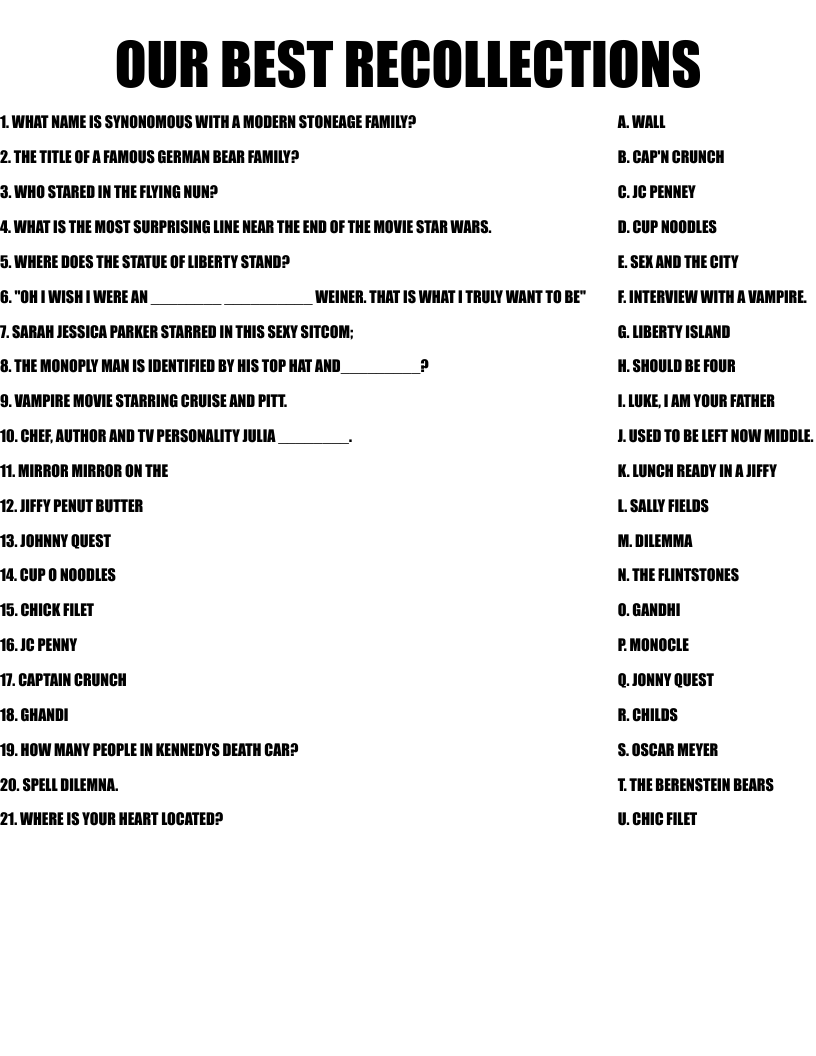 OUR BEST RECOLLECTIONS Worksheet