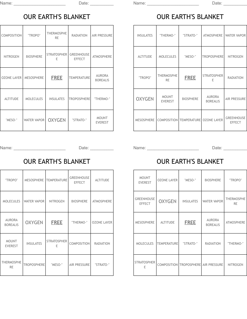 OUR EARTH'S BLANKET Bingo Cards