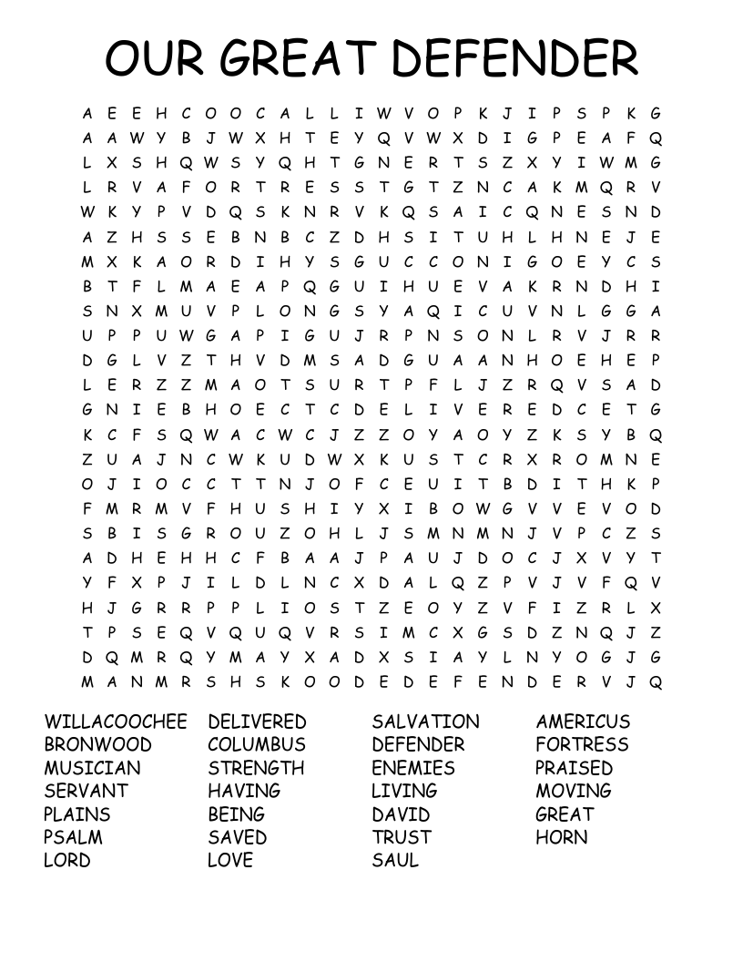 OUR GREAT DEFENDER Word Search