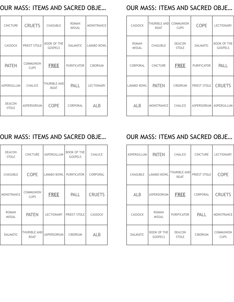 OUR MASS:  ITEMS AND SACRED OBJECTS Bingo Cards
