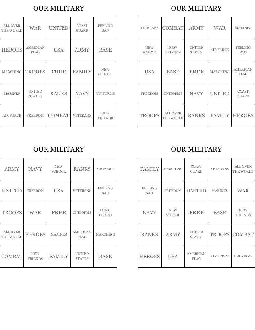 OUR MILITARY  Bingo Cards