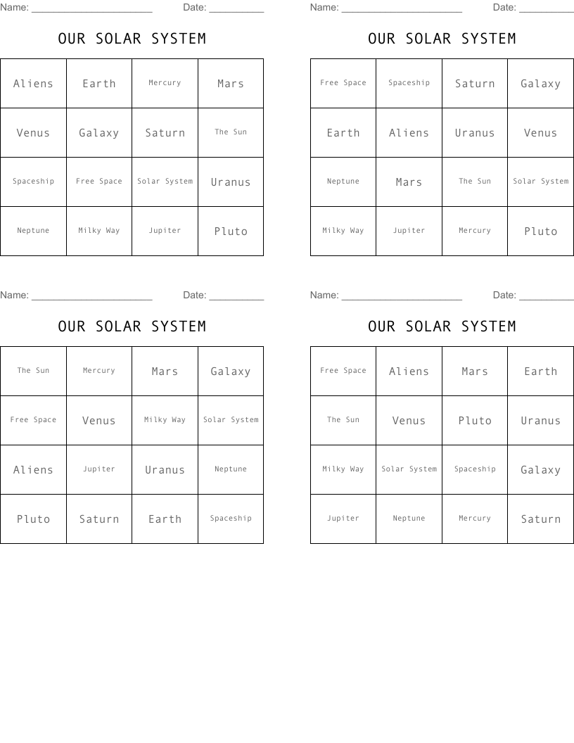 OUR SOLAR SYSTEM Bingo Cards