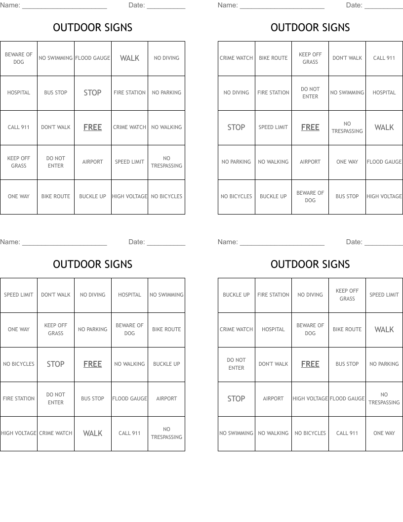 OUTDOOR SIGNS Bingo Cards