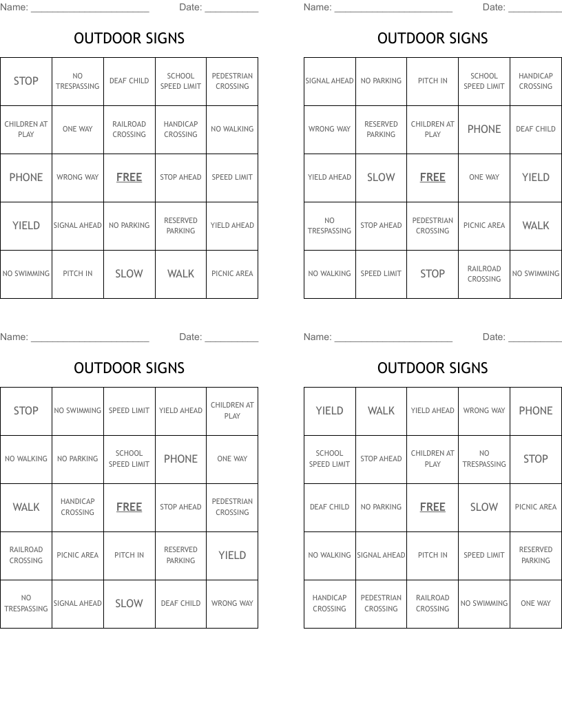 OUTDOOR SIGNS Bingo Cards