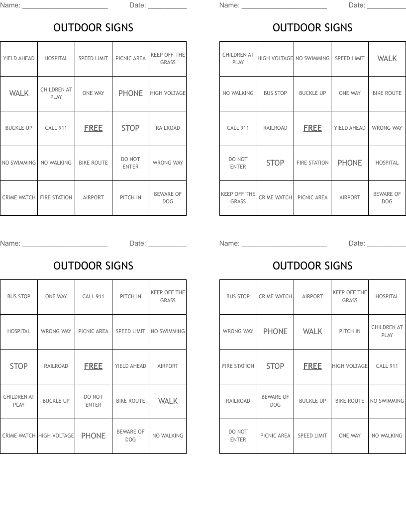 OUTDOOR SIGNS Bingo Cards