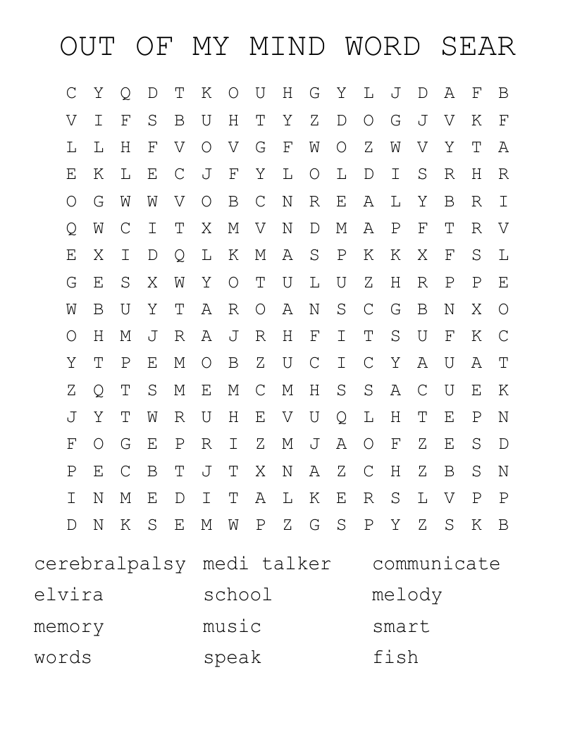 OUT OF MY MIND WORD SEAR Word Search