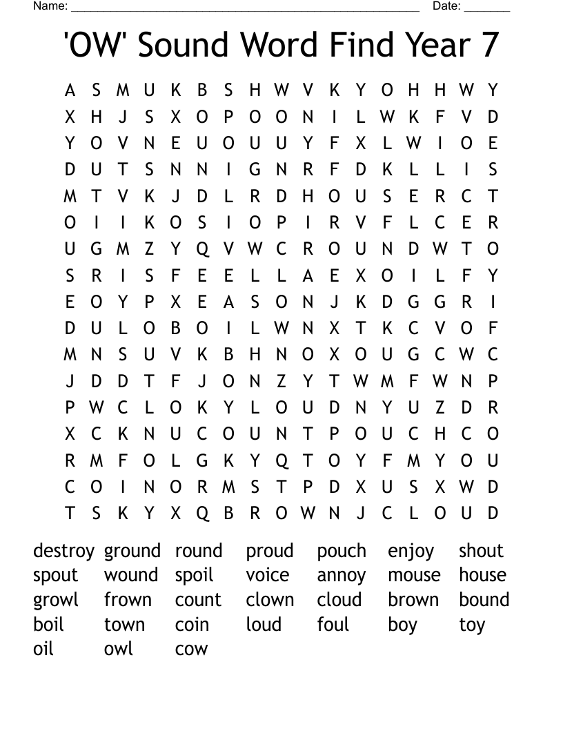 'OW'  Sound Word Find Year 7 Word Search