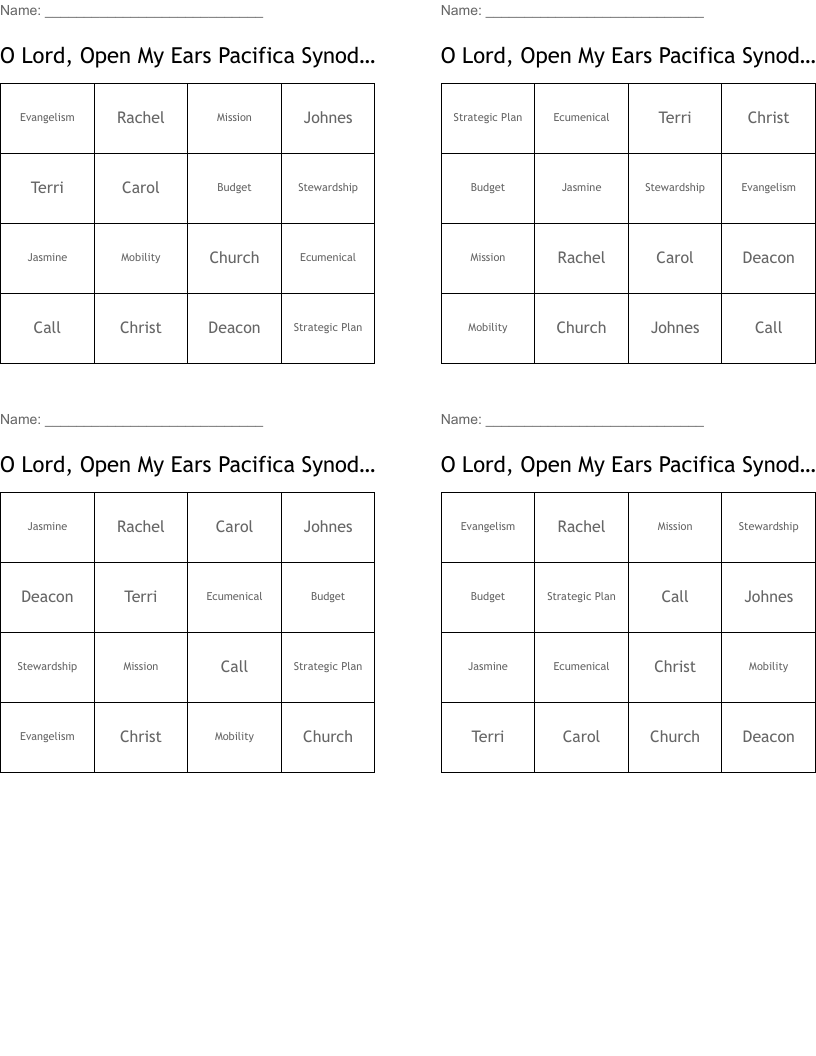 O Lord, Open My Ears Pacifica Synod Assembly 2019 Bingo Cards
