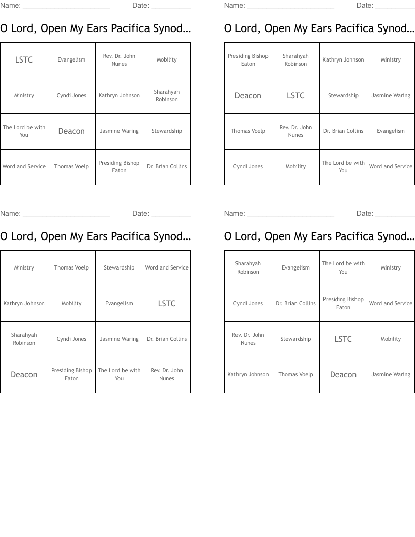 O Lord, Open My Ears Pacifica Synod Assembly 2019 Bingo Cards