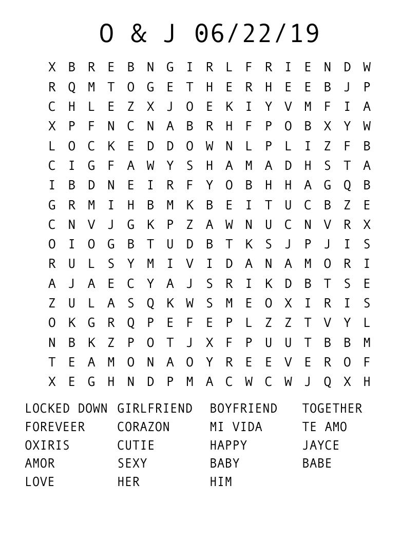 O & J 06/22/19 Word Search