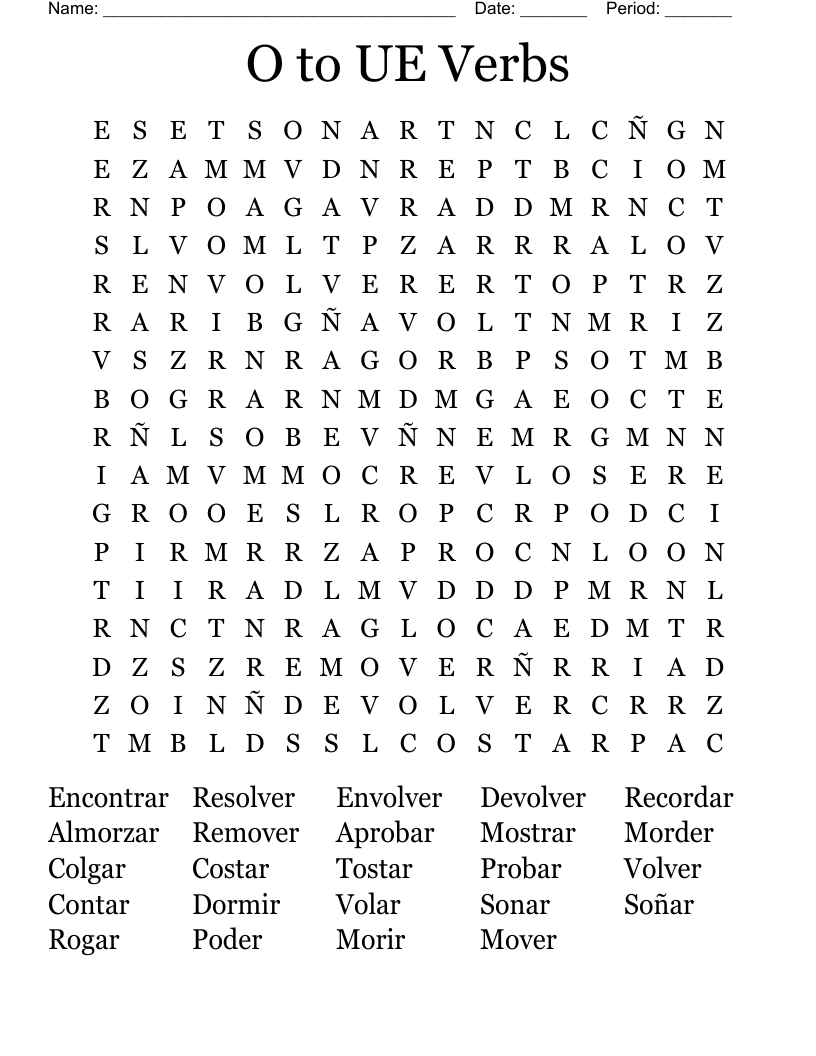 O to UE Verbs Word Search