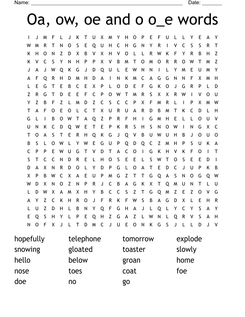 Oa, ow, oe and o o_e words Word Search