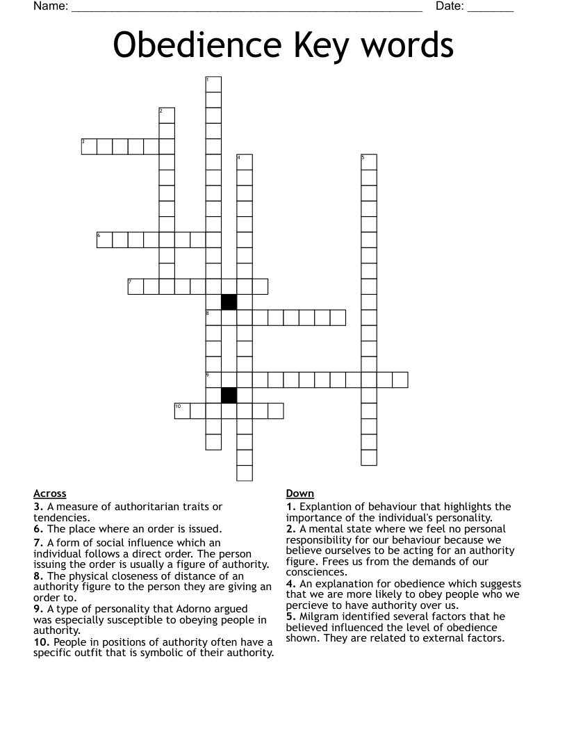 Obedience Key words Crossword