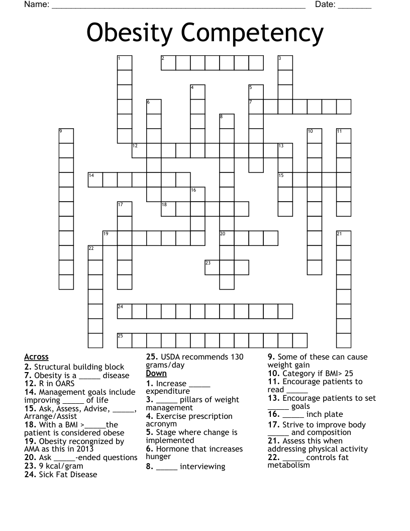 Obesity Competency Crossword