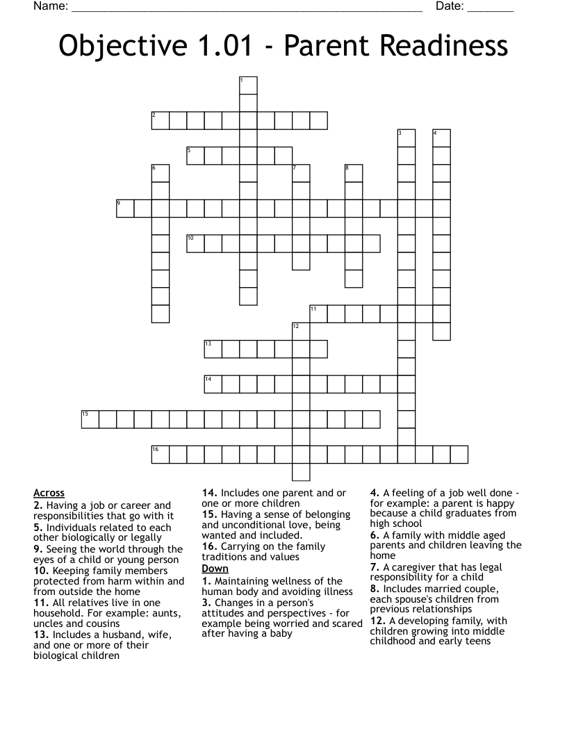 Objective 1.01 - Parent Readiness Crossword