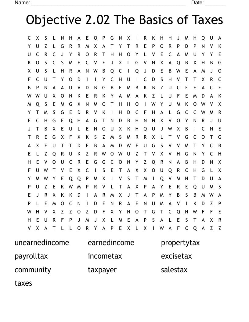 Objective 2.02 The Basics of Taxes Word Search