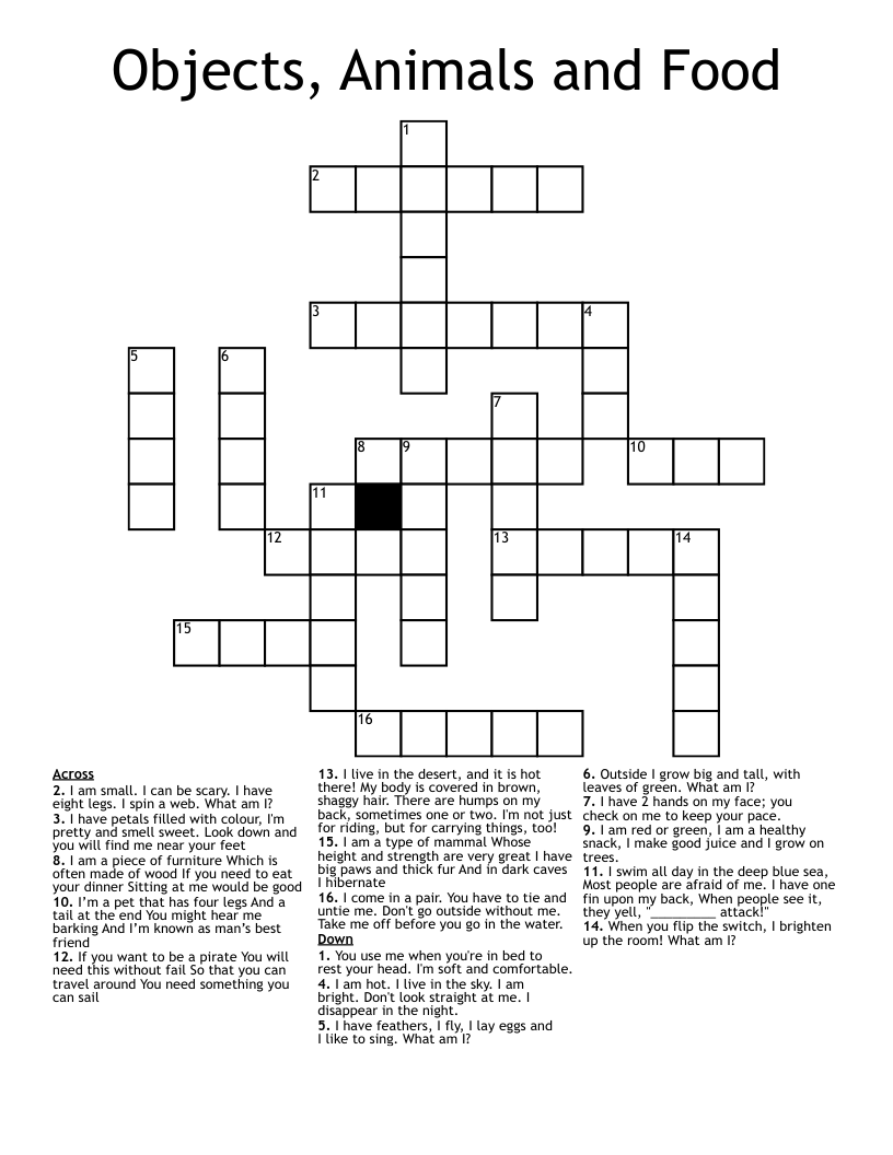Objects, Animals and Food Crossword