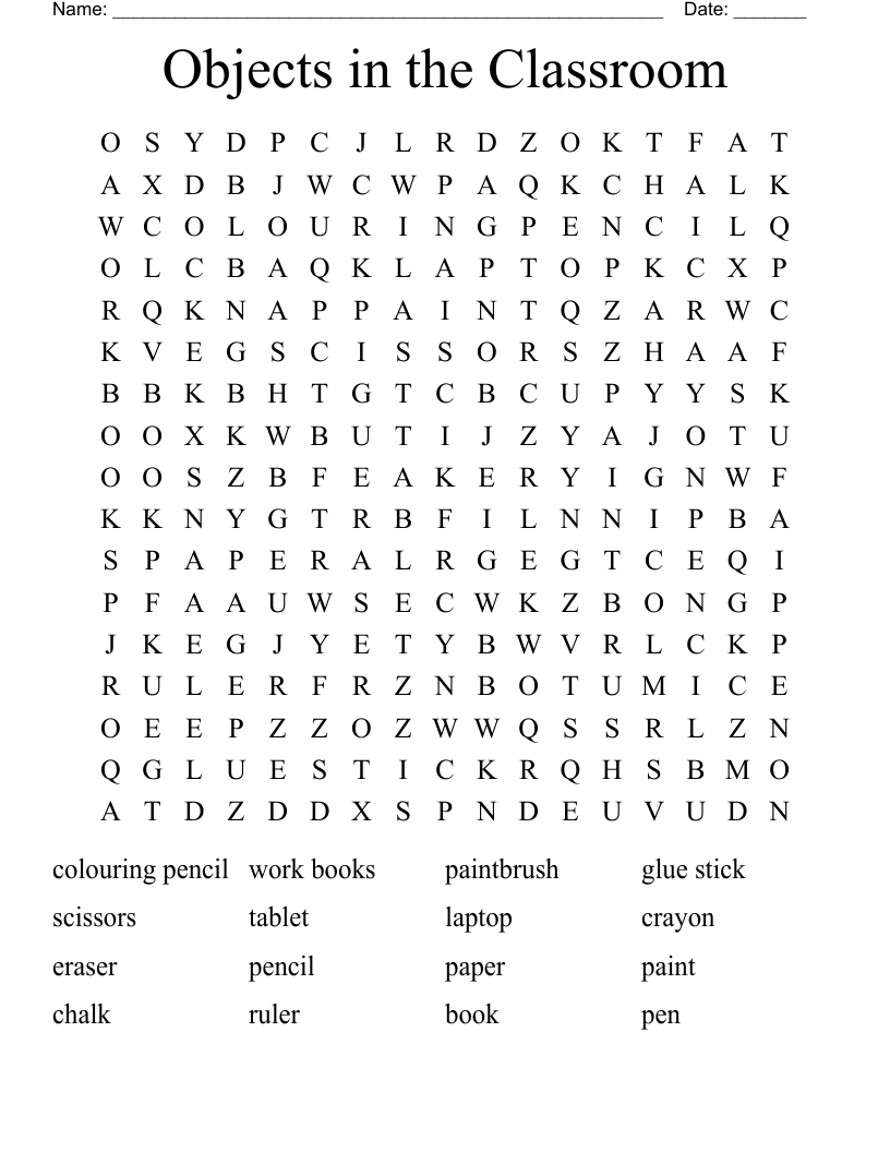 Objects in the Classroom Word Search