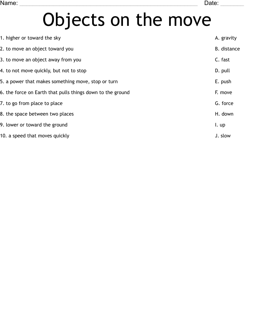 Objects on the move Worksheet