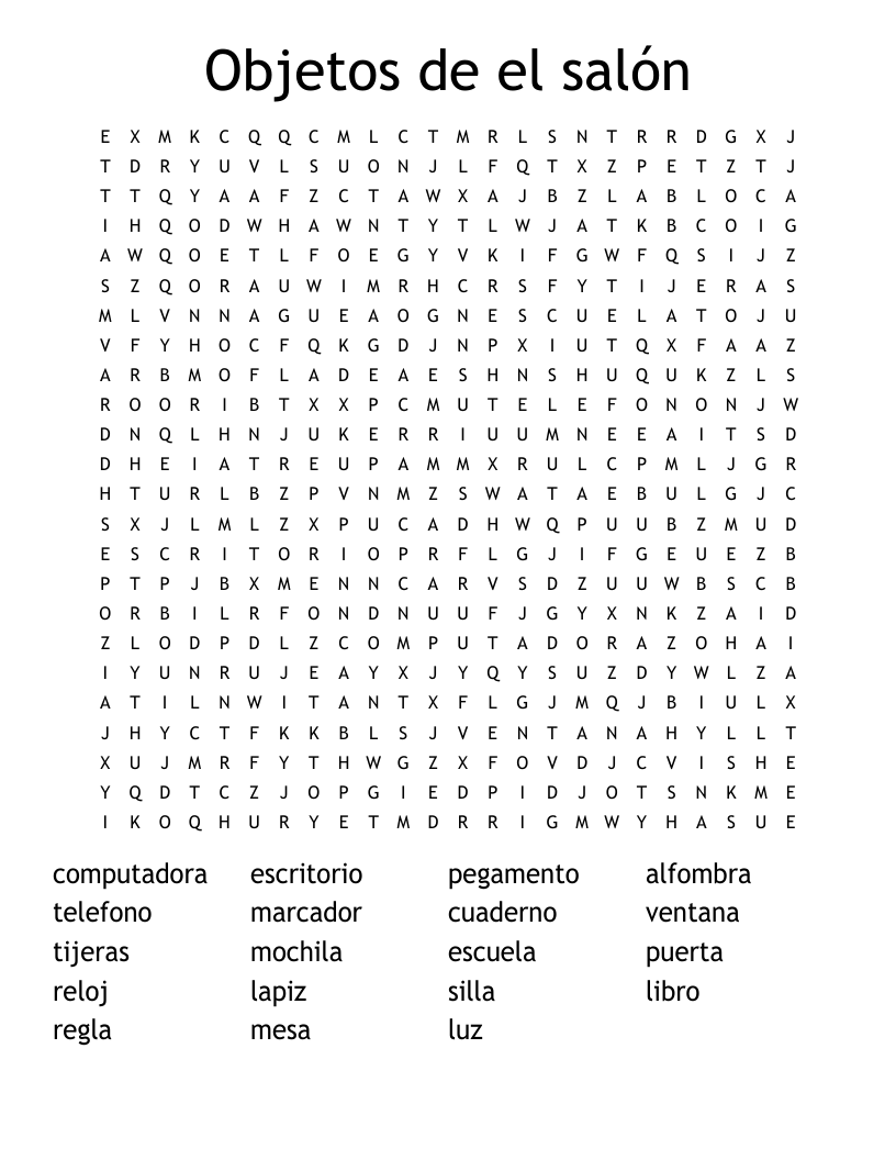 Objetos de el salón Word Search