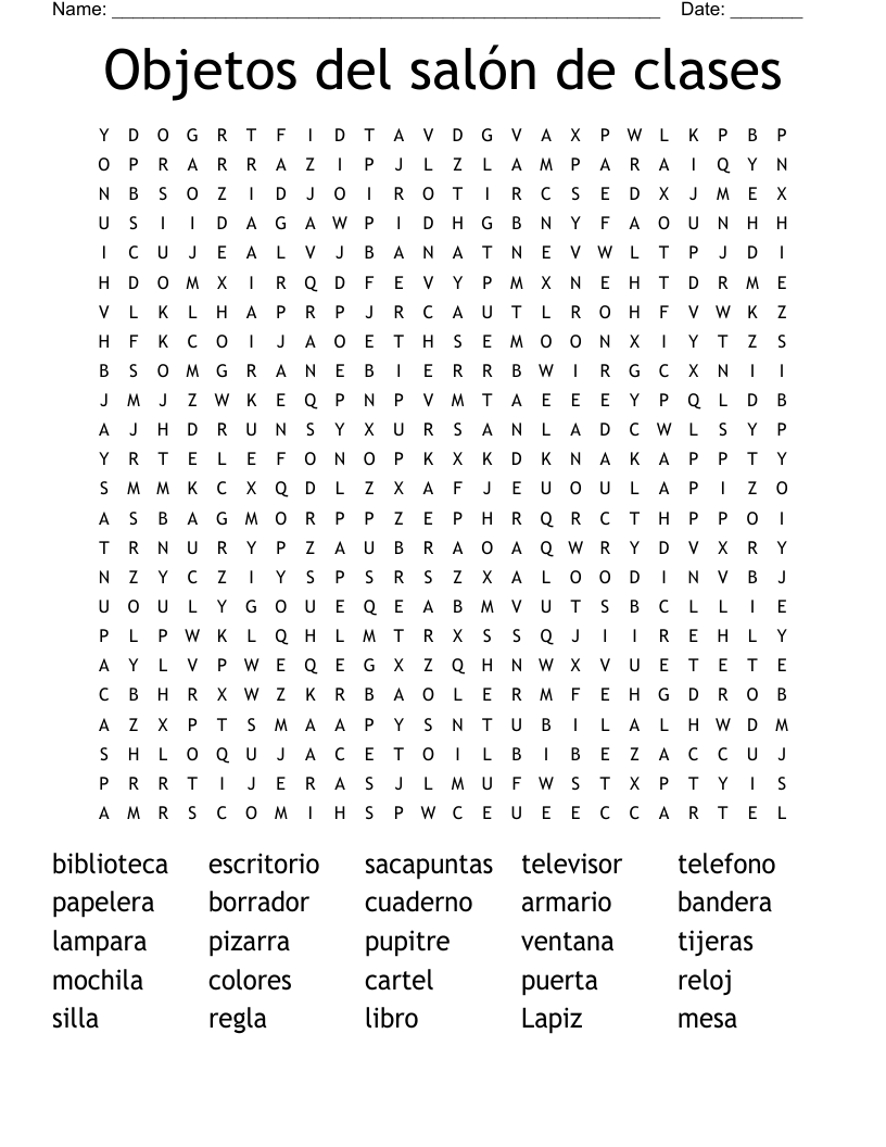 Objetos del salón de clases Word Search