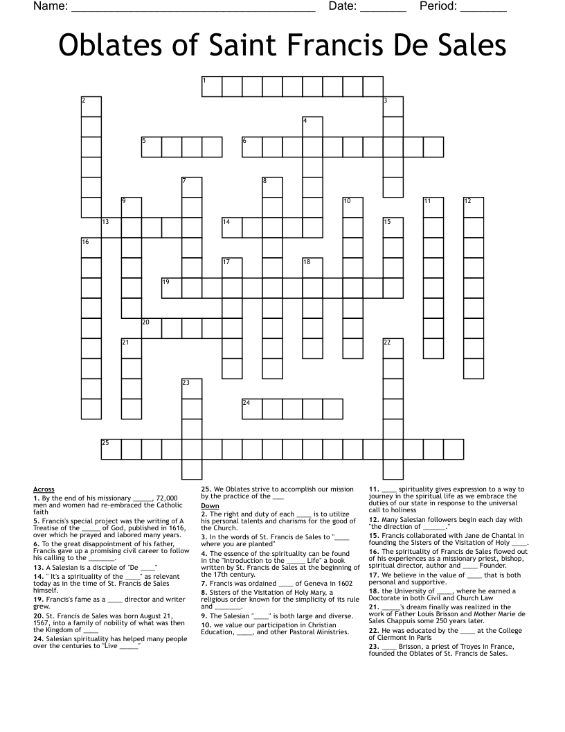 Oblates of Saint Francis De Sales Crossword
