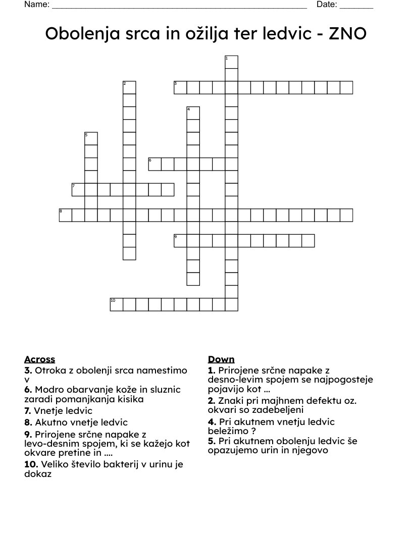 Obolenja srca in ožilja ter ledvic - ZNO  Crossword