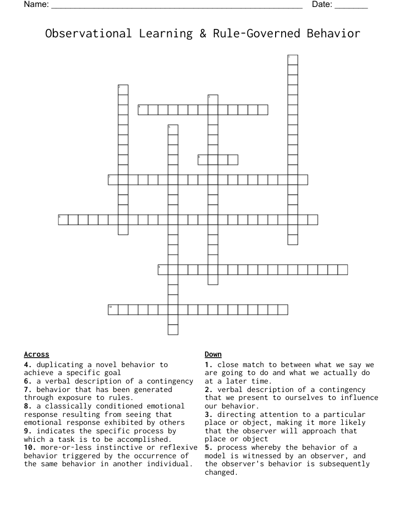 Observational Learning & Rule-Governed Behavior  Crossword