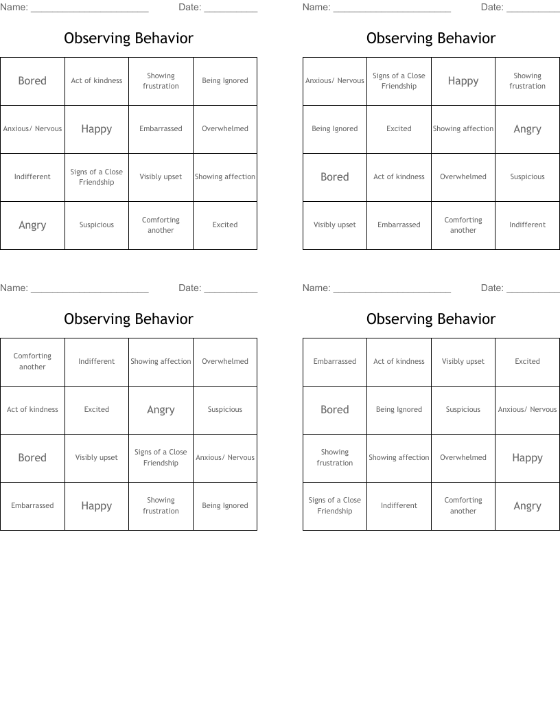 Observing Behavior Bingo Cards